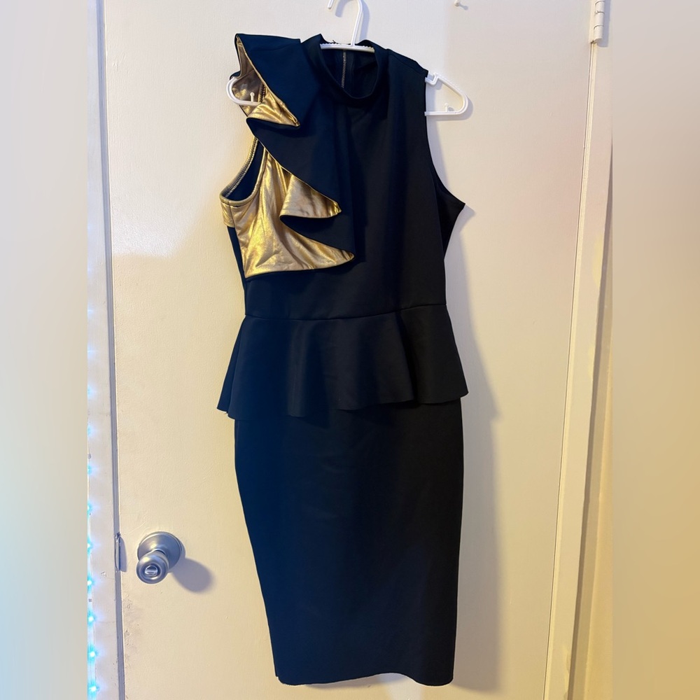 Asymmetrical Blue and Black Puff Shoulder Cocktail Dress